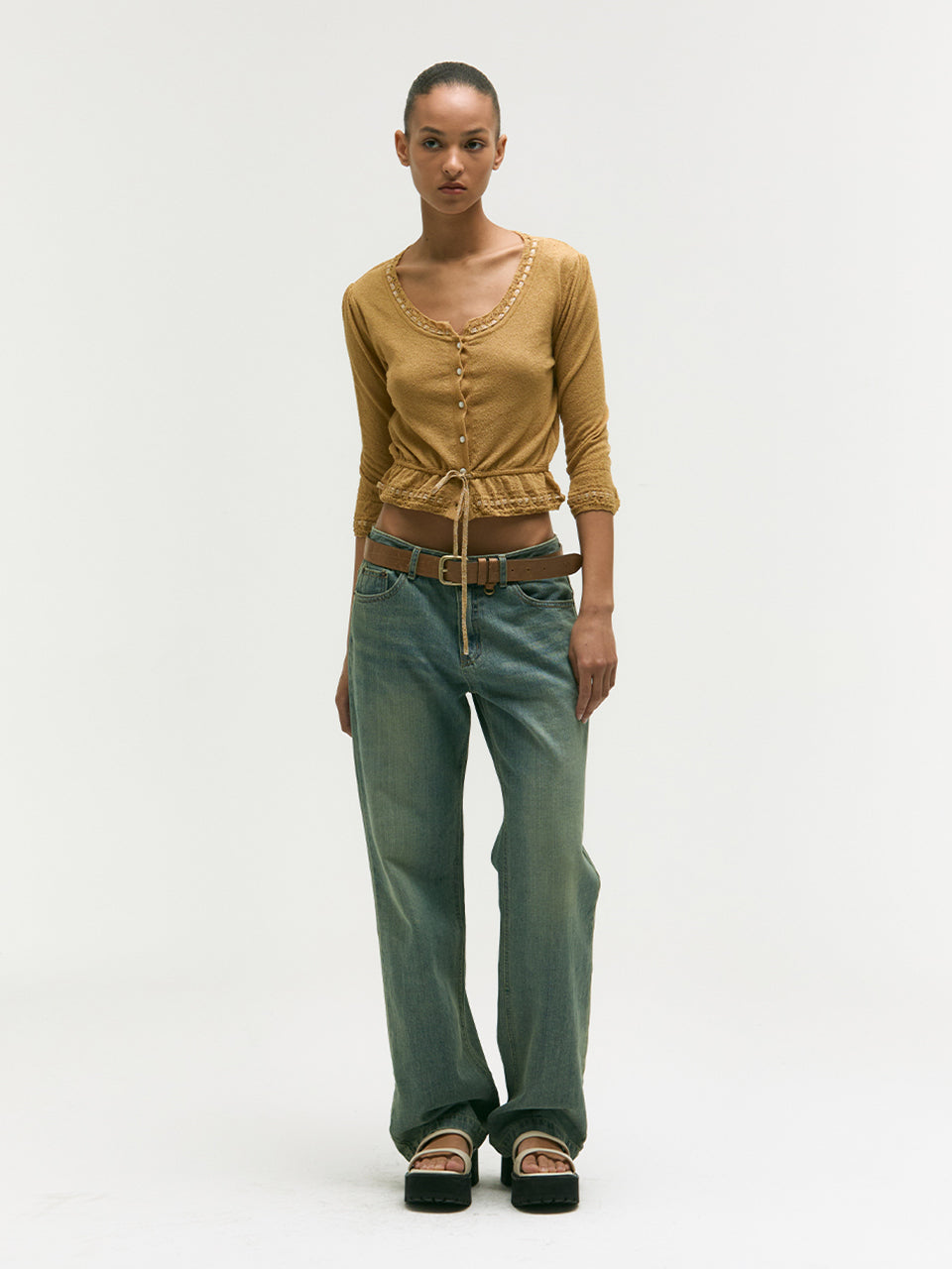 PEARL STRING BOLERO CARDIGAN_mustard