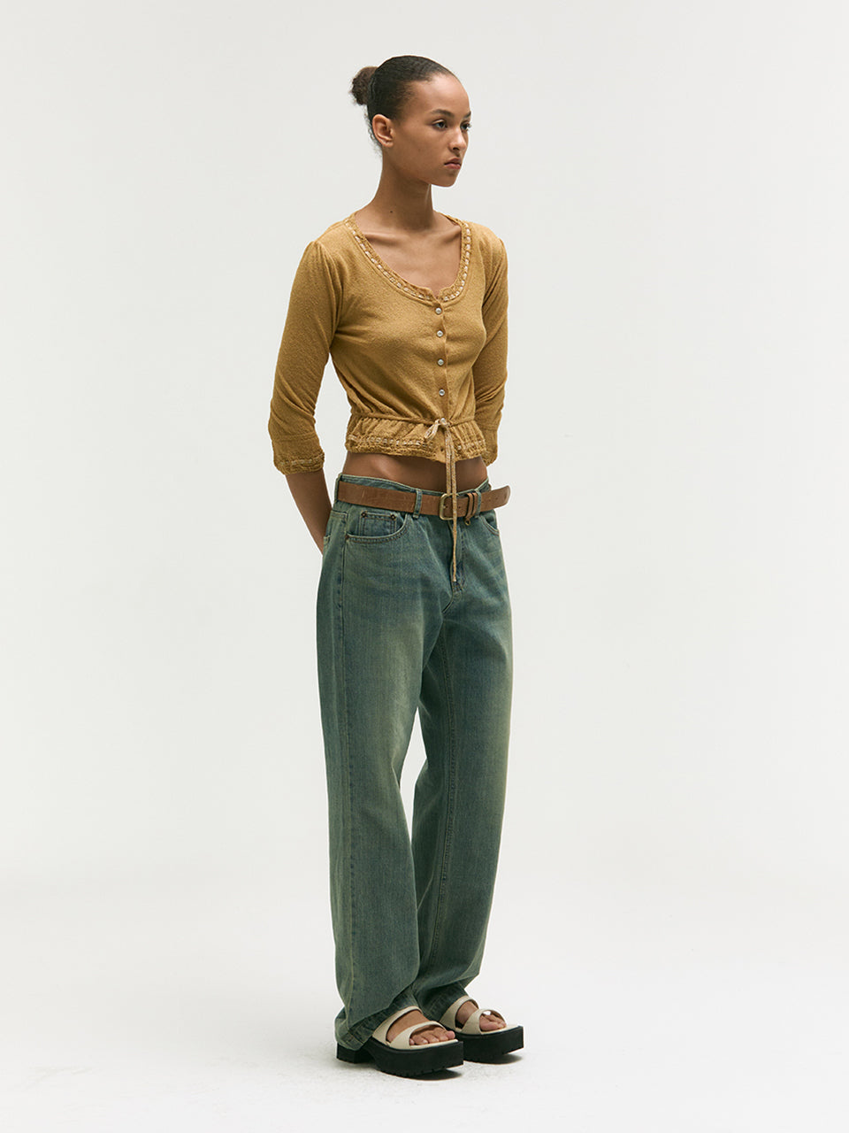PEARL STRING BOLERO CARDIGAN_mustard