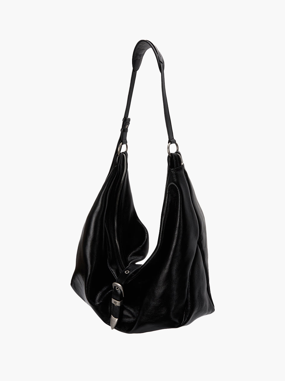 BELTED HOBO_black glossy plain