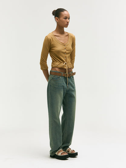PEARL STRING BOLERO CARDIGAN_mustard