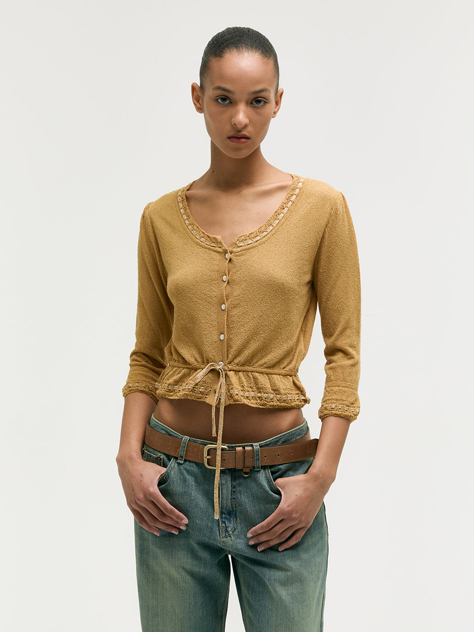 PEARL STRING BOLERO CARDIGAN_mustard
