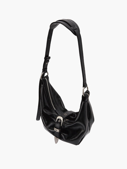 BELTED HOBO MEDIUM_black glossy plain