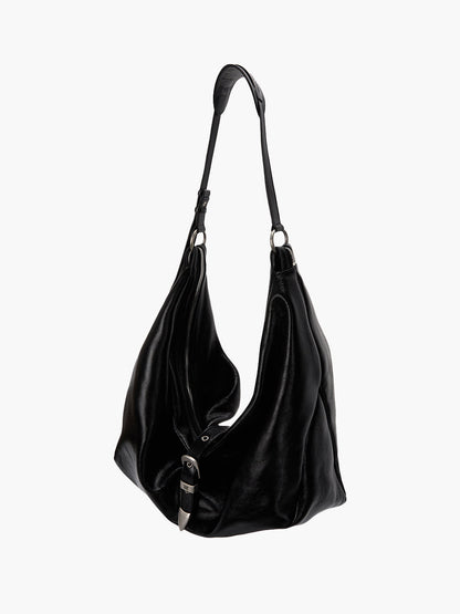 BELTED HOBO_black glossy plain